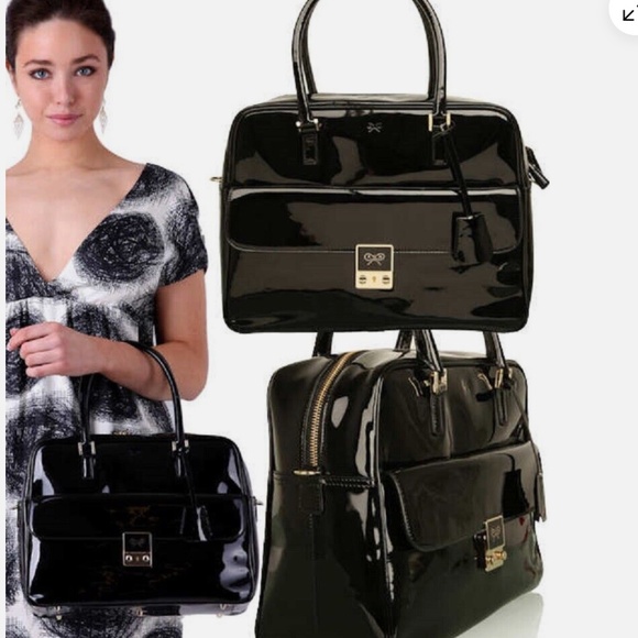 ANYA HINDMARCH PATENT LEATHER CARKER HANDBAG ZIP TOP BAG BOXY SATCHEL